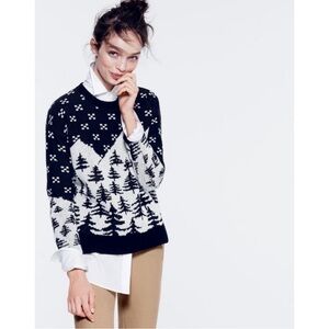 J.Crew Wool Forest Ski Cabin Crewneck Knit Sweater Black Ivory Novelty Print